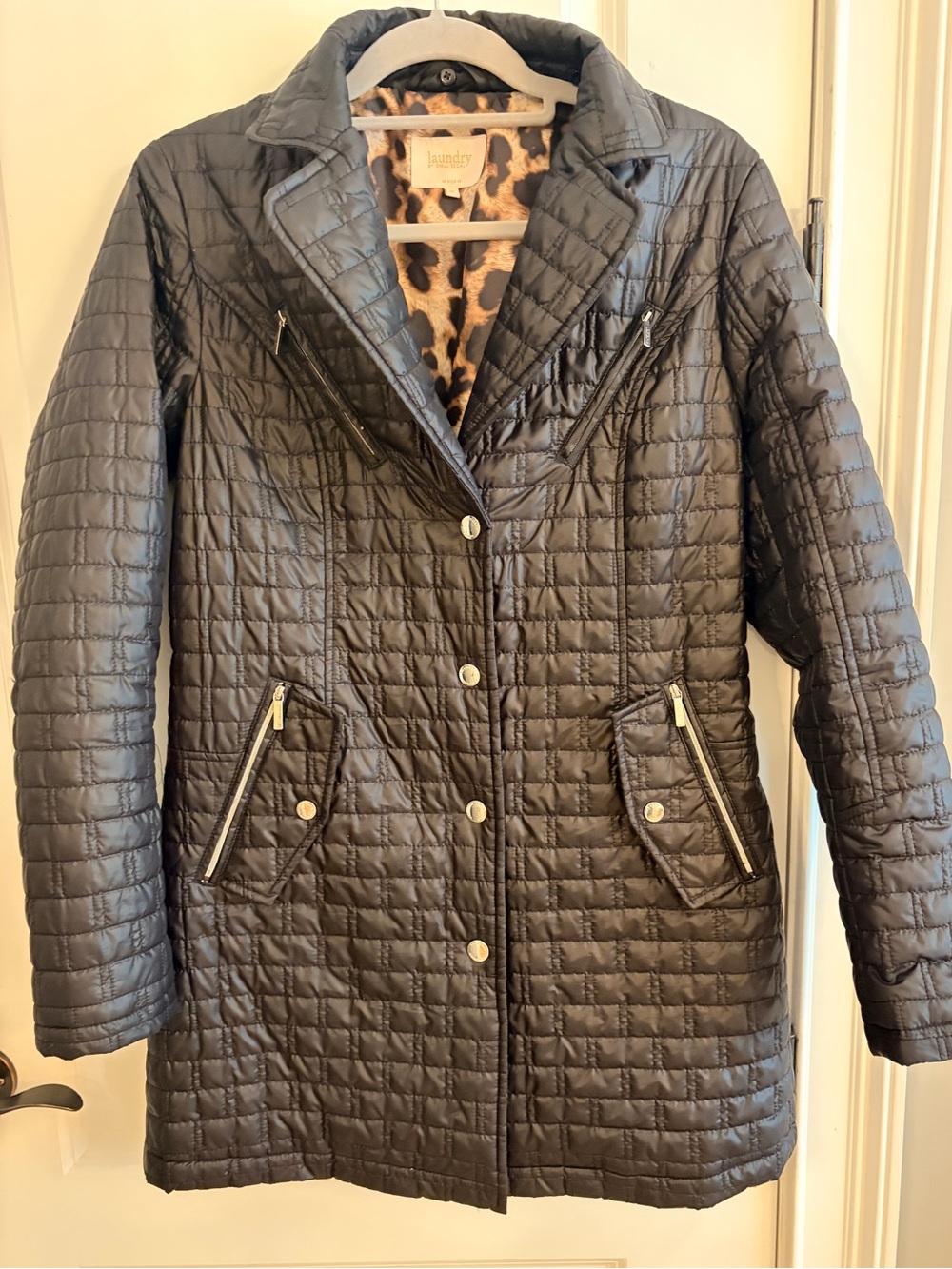 Laundry by Shelli Segal Black Quilted Coat Leopard Print Lining Size M